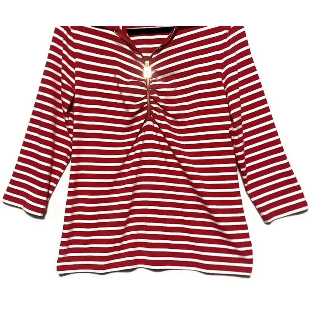 Michael Kors Red White Striped Top Women's Large 3/4 Sleeve Zip Front Blouse